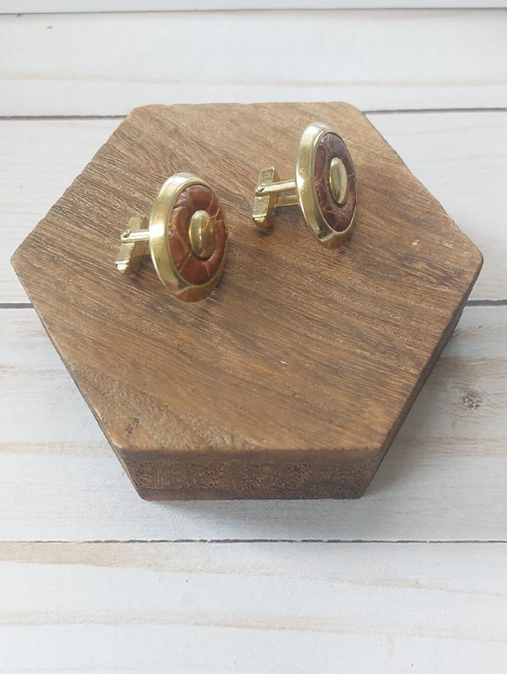 Gold-Tone Cuff Links with Brown Leather Inlay